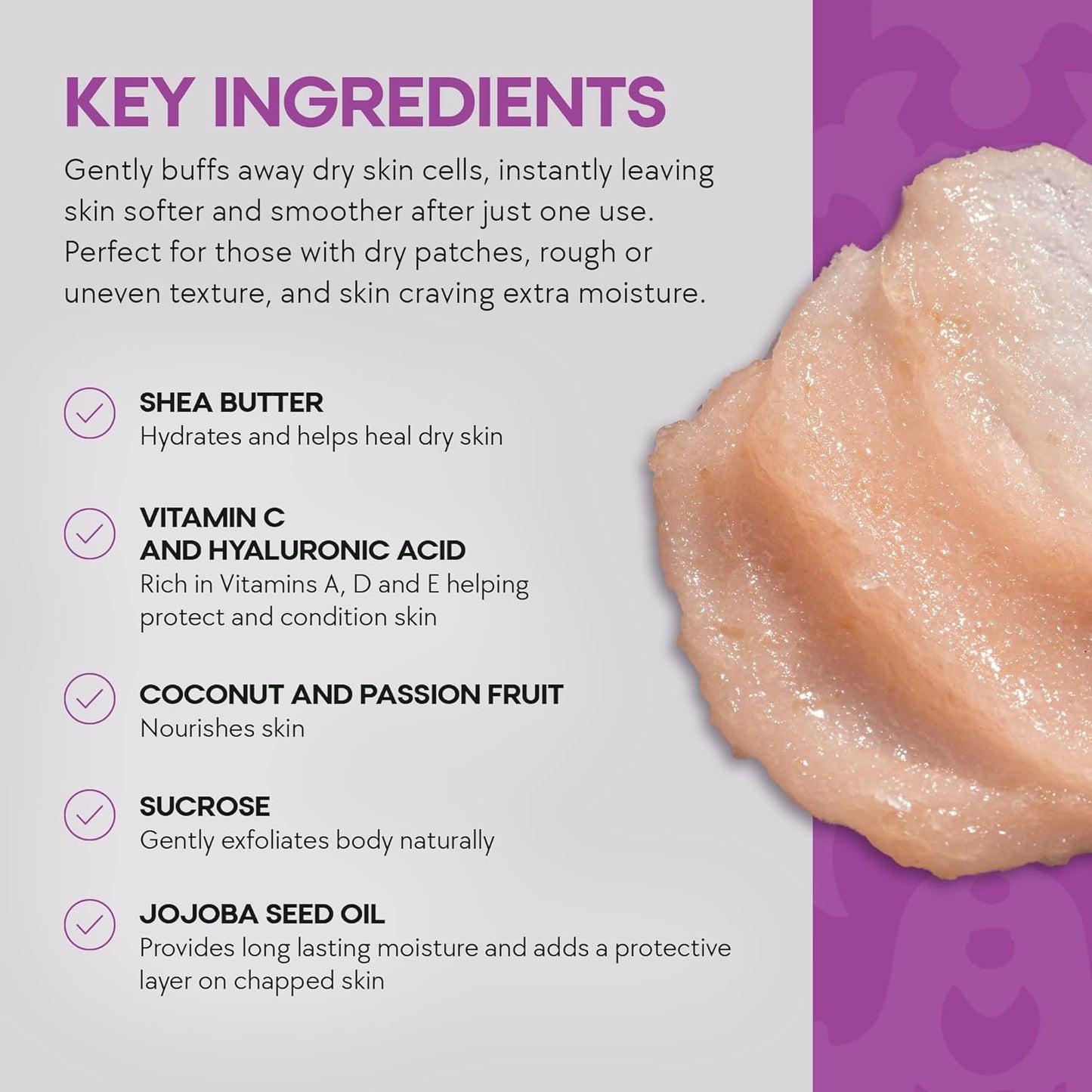 Dermasuri Exfoliating Sugar Scrub - Body Scrubber for Men & Women - Exfoliates & Removes Dead & Dry Skin for a Soft & Radiant Glow - Deep Hydration & Moisture - Coconut Passion Fruit