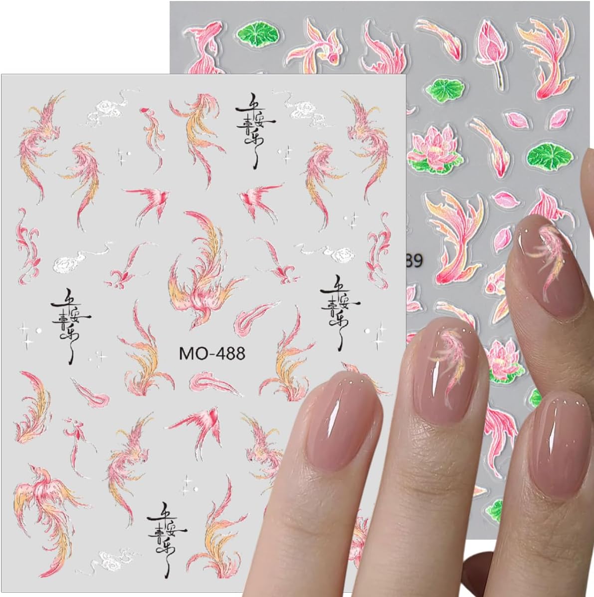 Koi Fish Nail Stickers Chinese Style Hand Drawn Loong Phoenix Nail Art Stickers 5D Embossed Nails Decals Pink Cute Dragon Nails Design Sticker Spring Summer Manicure Supplies for Women DIY 3Sheets