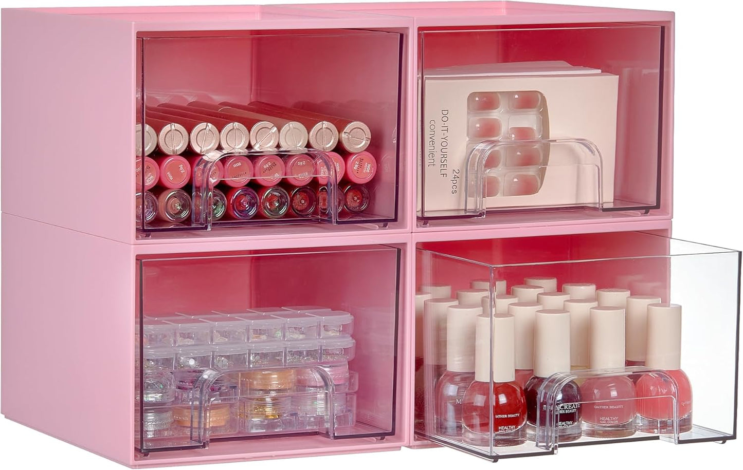 Vtopmart 4Pack Stackable Storage Drawers, 4.4'' Tall Bathroom Makeup Organizer,Plastic Storage Bins For Vanity, Undersink, Kitchen Cabinet, Pantry, Home Organization(Pink)