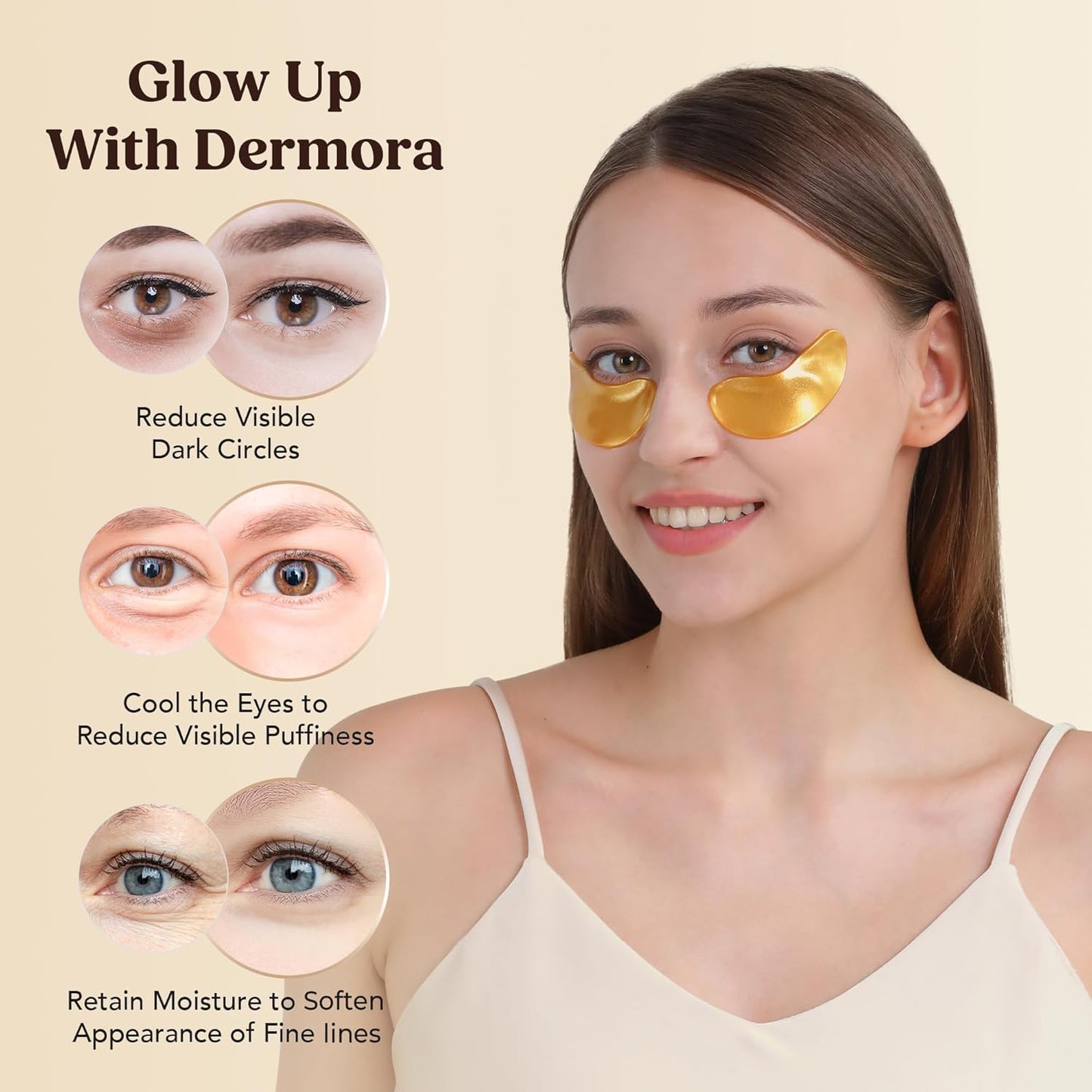 DERMORA Golden Glow Under Eye Patches (30 Pairs Eye Gels) - Rejuvenating Treatment for Dark Circles, Puffy Eyes, Refreshing, Revitalizing, Travel, Wrinkles
