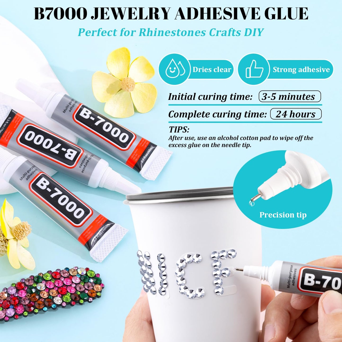 6100Pcs Resin Rhinestones for Crafting with 2Pcs 10ml B7000 Jewelry Glue, 1 Box Flatback Crystals Diamond (Silver) for Bedazzling Crafts DIY Nail Art Non Hotfix Gems for Clothing Shoes