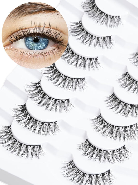 Eyelashes Wispy Natural Lashes 12mm Short Strip Lashes Thinner Band 3D Volume Fake Eyelashes Siligli Eyelashes C Curl False Lashes Pack 7 Pair