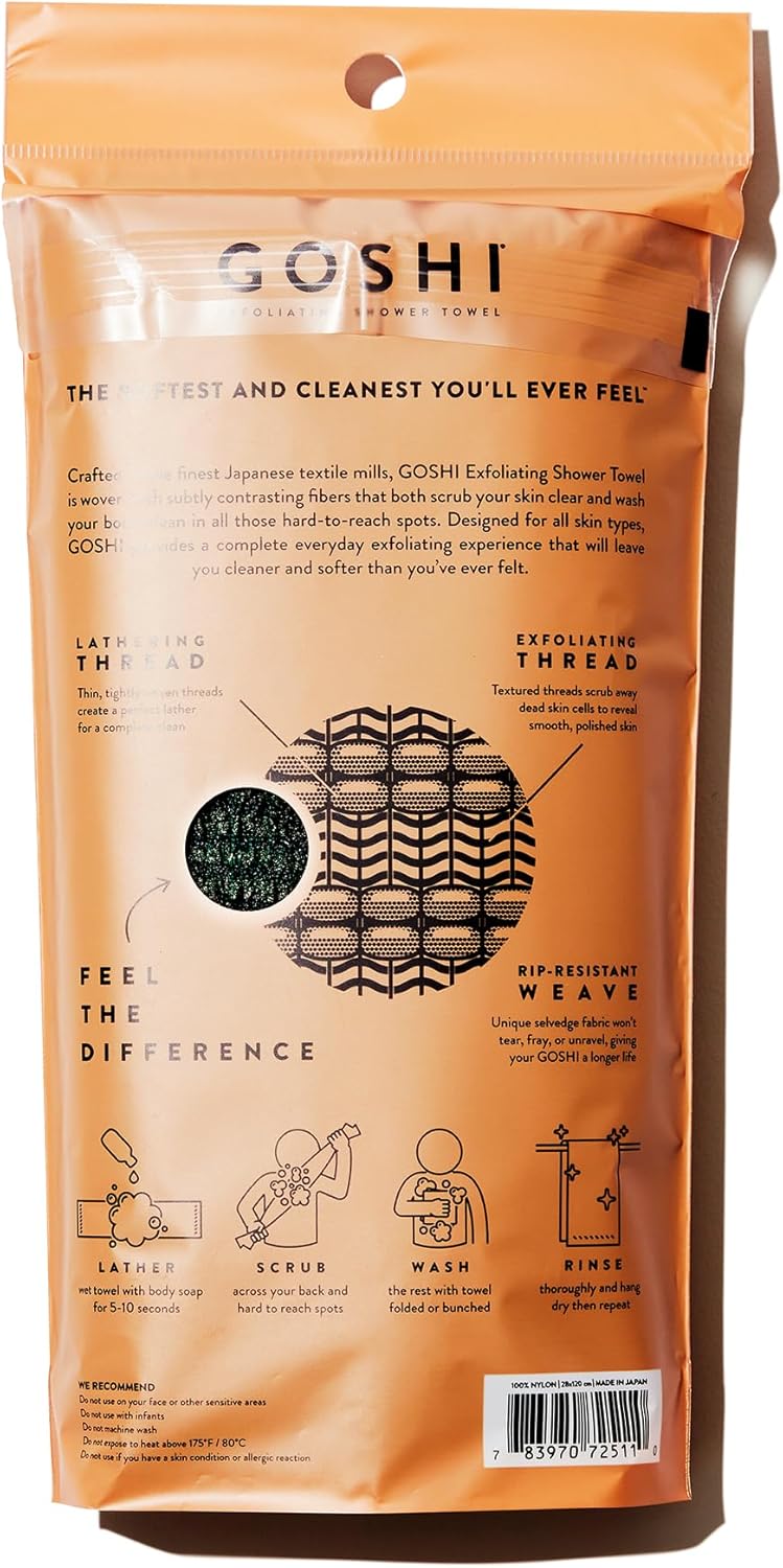 GOSHI Exfoliating Shower Towel - Rip-Resistant Exfoliating Washcloth for All Skin Types - Moss Green - Made in Japan
