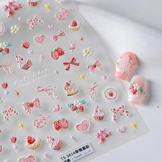 5D Embossed Pink Nail Stickers for Nail Art Cake Strawberry Bow Nail Art Stickers Nail Decals Self Adhesive Cute Nails Design Manicure Supplies Charm for Women Nails Decorations