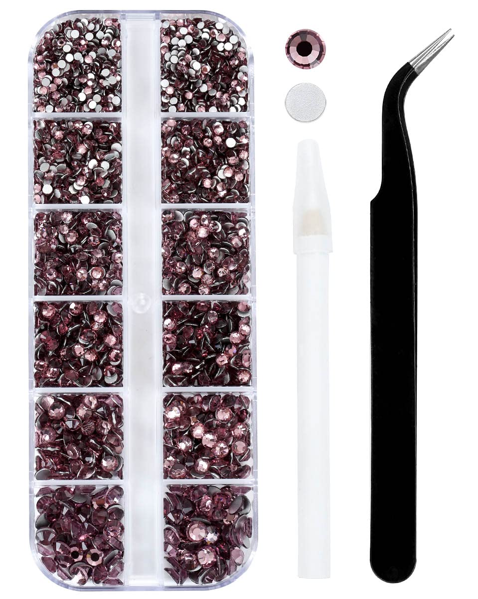 4240Pcs Flatback Light Purple Rhinestones Glass Crystal Diamonds for Nail Art Face Jewels Shiny Round with Tweezers and Picking Pen (SS6~SS20 Set)