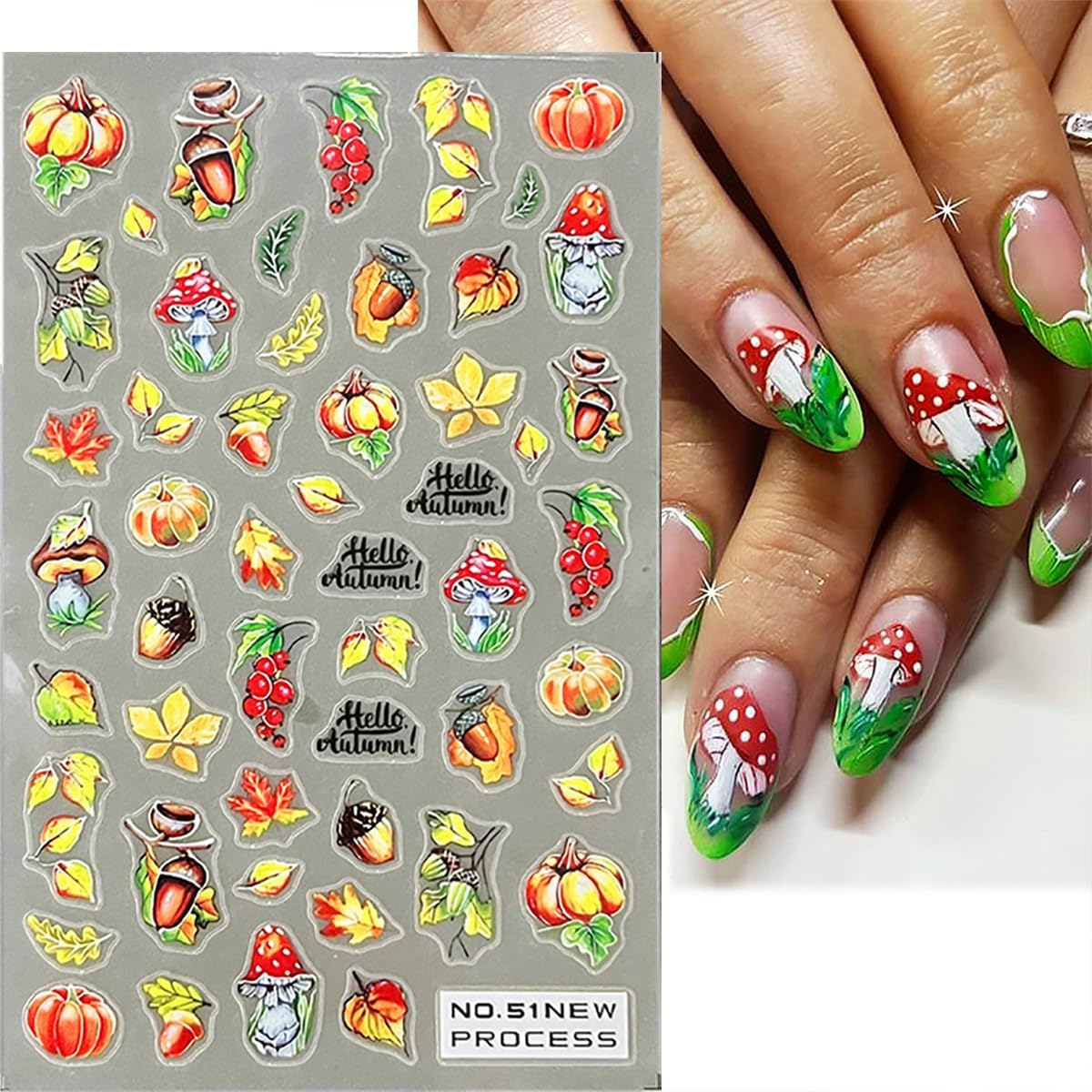 6 Sheets Fall Nail Art Stickers 3D Maple Leaf Nail Decals Autumn Gold Yellow Leaves Mushroom Squirrel Self-Adhesive Nail Designs Thanksgiving Nail Stickers for Women Girls Acrylic Manicure DIY Decor