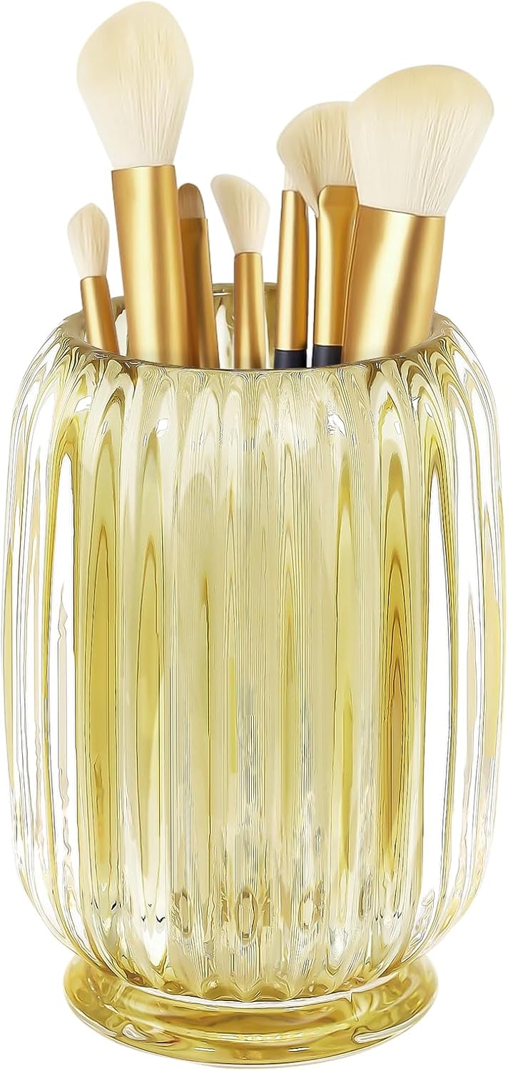 Makeup Brush Holder, Thick Glass Makeup Brush Organizer Cup, 4.8" Tall for Vanity Hair Brush Holder Brushes Storage, Makeup Brush Holder Organizer organizador de brochas de maquillaje Crystal Amber