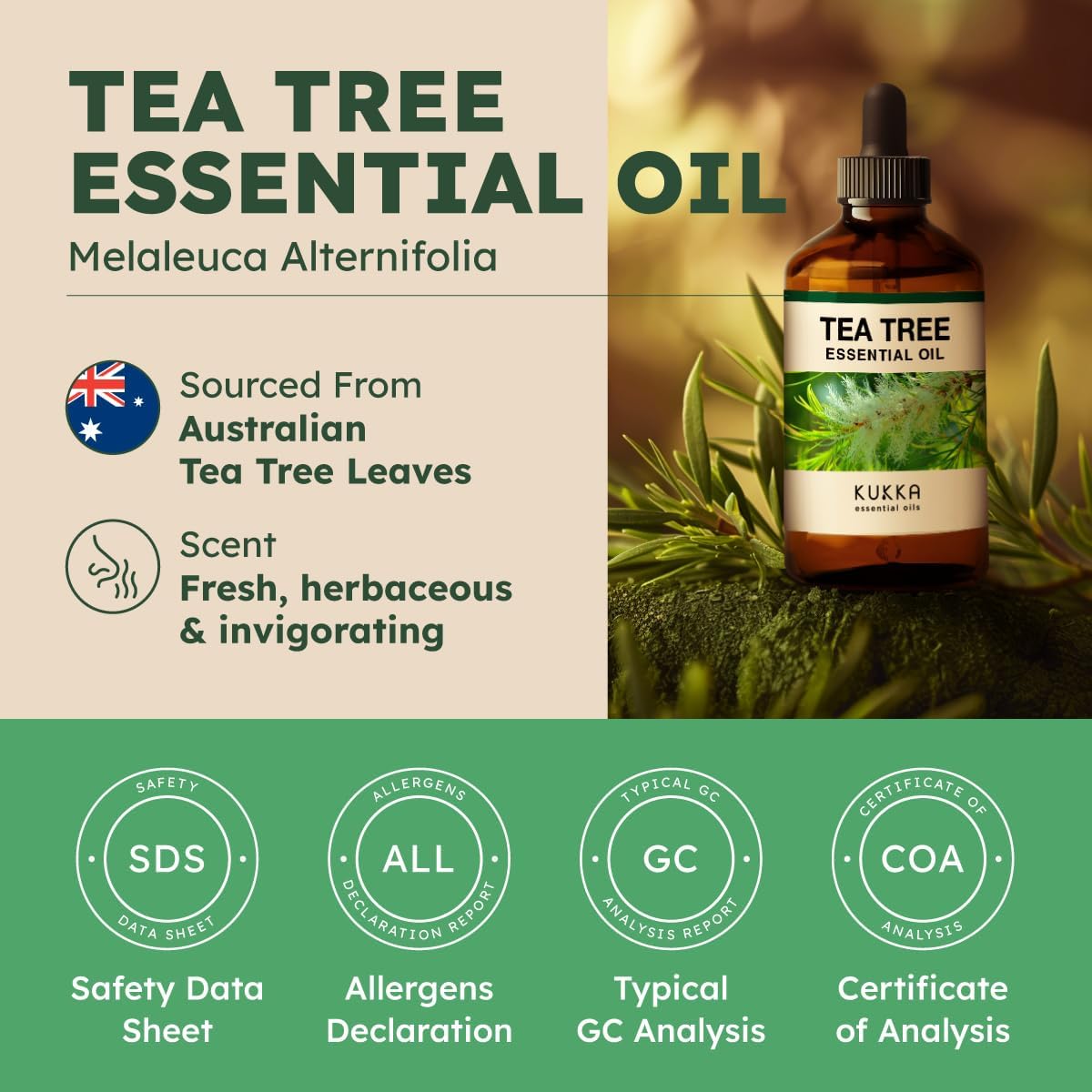 Kukka Essential Oils Tea Tree Oil for Skin, Hair, Nails & Toenails, Aromatherapy - 4 Fl Oz / 118 ml, DIY Soap Making Scents