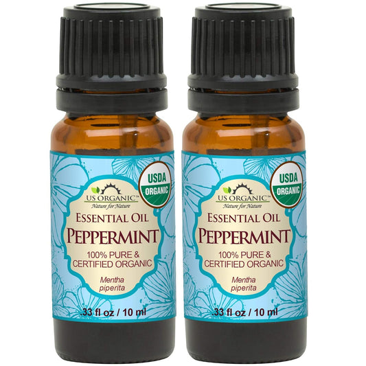 US Organic 100% Pure Peppermint Essential Oil - USDA Certified Organic - 10 ml Pack of 2 - w/Improved caps and droppers (More Size Variations Available)
