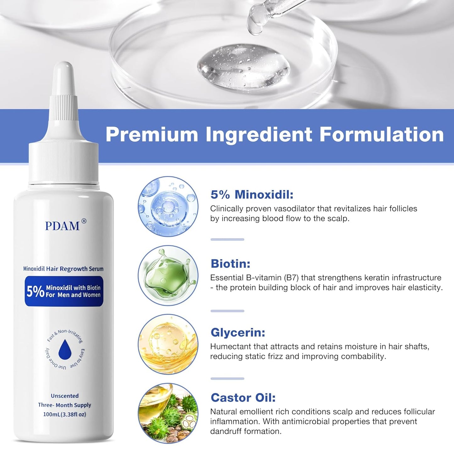 5% Minoxidil for Men Hair Growth Serum - Minoxidil for Women Serum with Biotin for Thicker & Healthier, Topical Minoxidil for Men Restore Fuller Beard