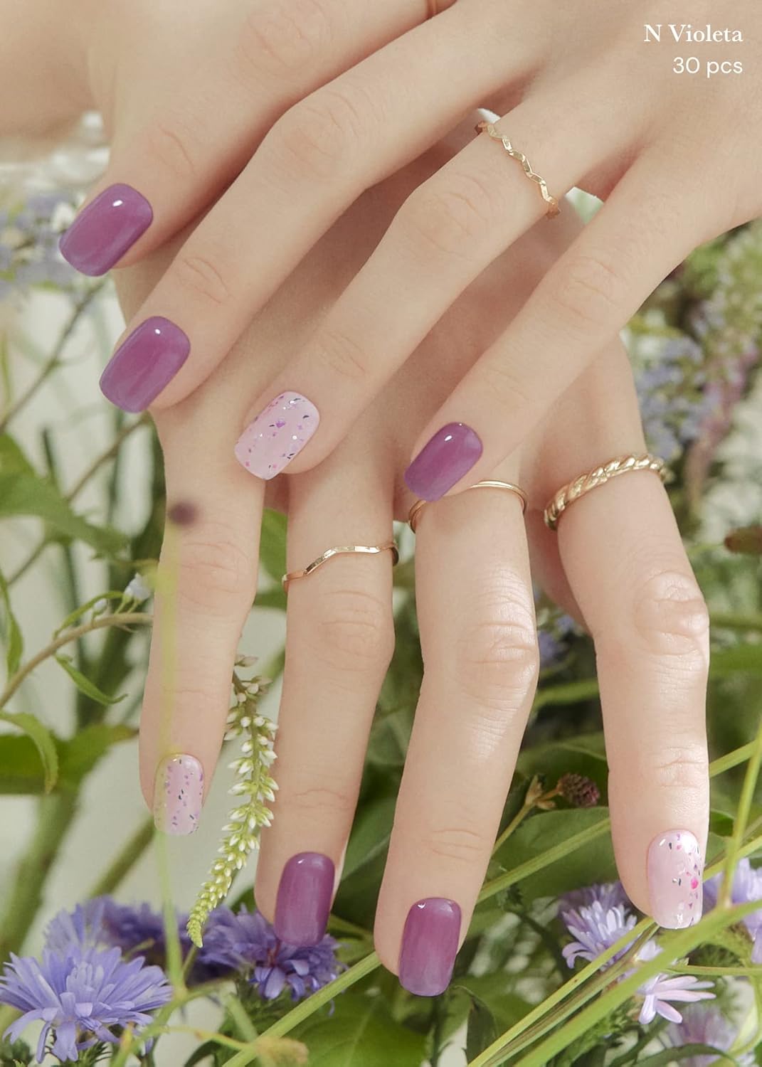 ohora Semi Cured Gel Nail Strips (N Violeta) - Purple, Patterned, Works with Any UV/LED Lamps, Salon-Quality, Long Lasting, Easy to Apply & Remove - Includes 2 Prep Pads, Nail File & Wooden Stick