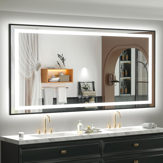 OKPAL 72x40 Framed LED Bathroom Mirror with Lights, Large Lighted Vanity Mirrors for Bathroom Wall, Dimmable, Anti-Fog, Shatter-Proof, Memory, ETL Listed (Front Light + Backlit)