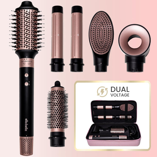 ELLA BELLA® 6 in 1 Professional Hot Air Styler Dual Voltage • Powerful Hair Dryer & Straightener Set • Styling Without Heat Damage • Fast Drying Curling Volumizing Straightening • with Travel Case