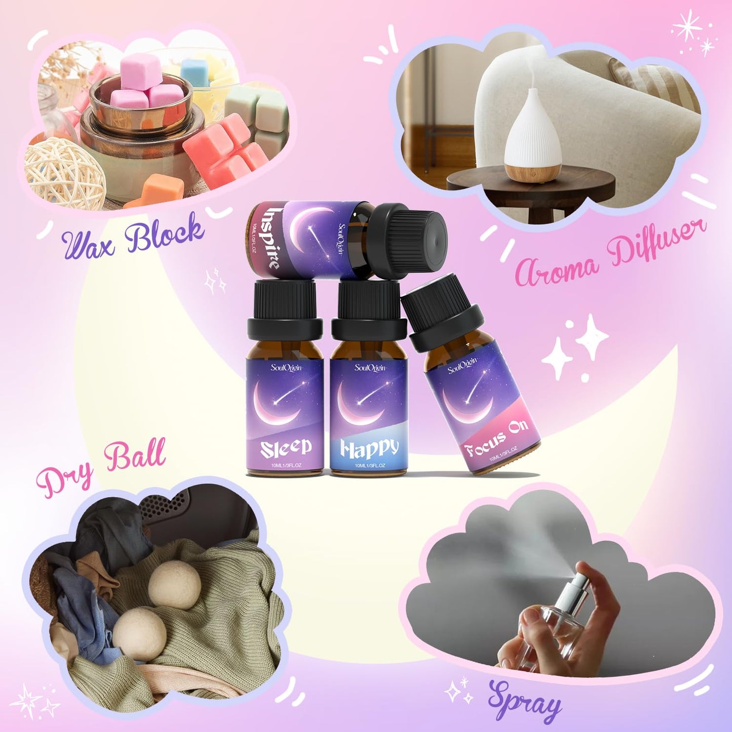 Essential Oil Blends, Essential Oils for Diffusers for Home, Best-Wishes Kit Scent Diffuser Oil, Use for Soap Candle Making- Sleep, Happy, Breathe, Inspire, Relax, Focus On