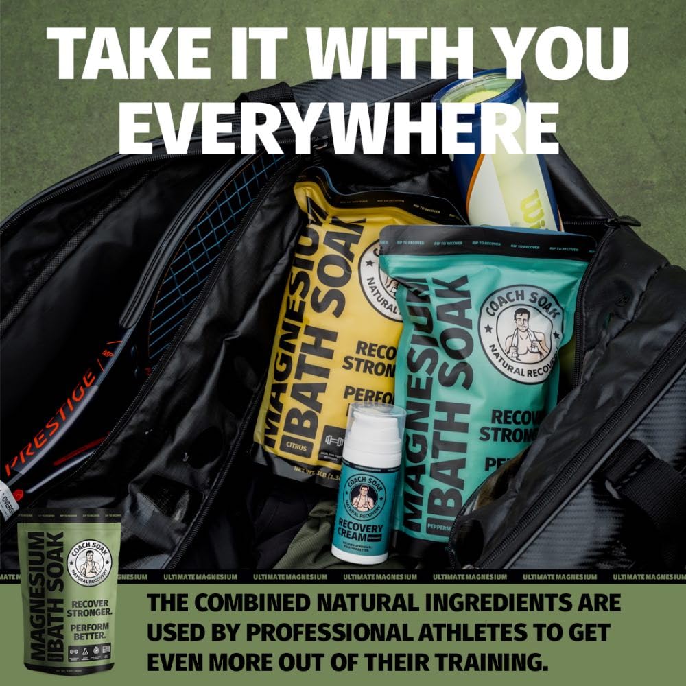 Coach Soak: Recovery Bath Soak – Rejuvenating Post Workout Natural Magnesium Flakes - 21 Minerals, Essential Oils & Dead Sea Bath Salts - Absorbs Faster Than Epsom Salts, 3lbs (Eucalyptus Tea Tree)