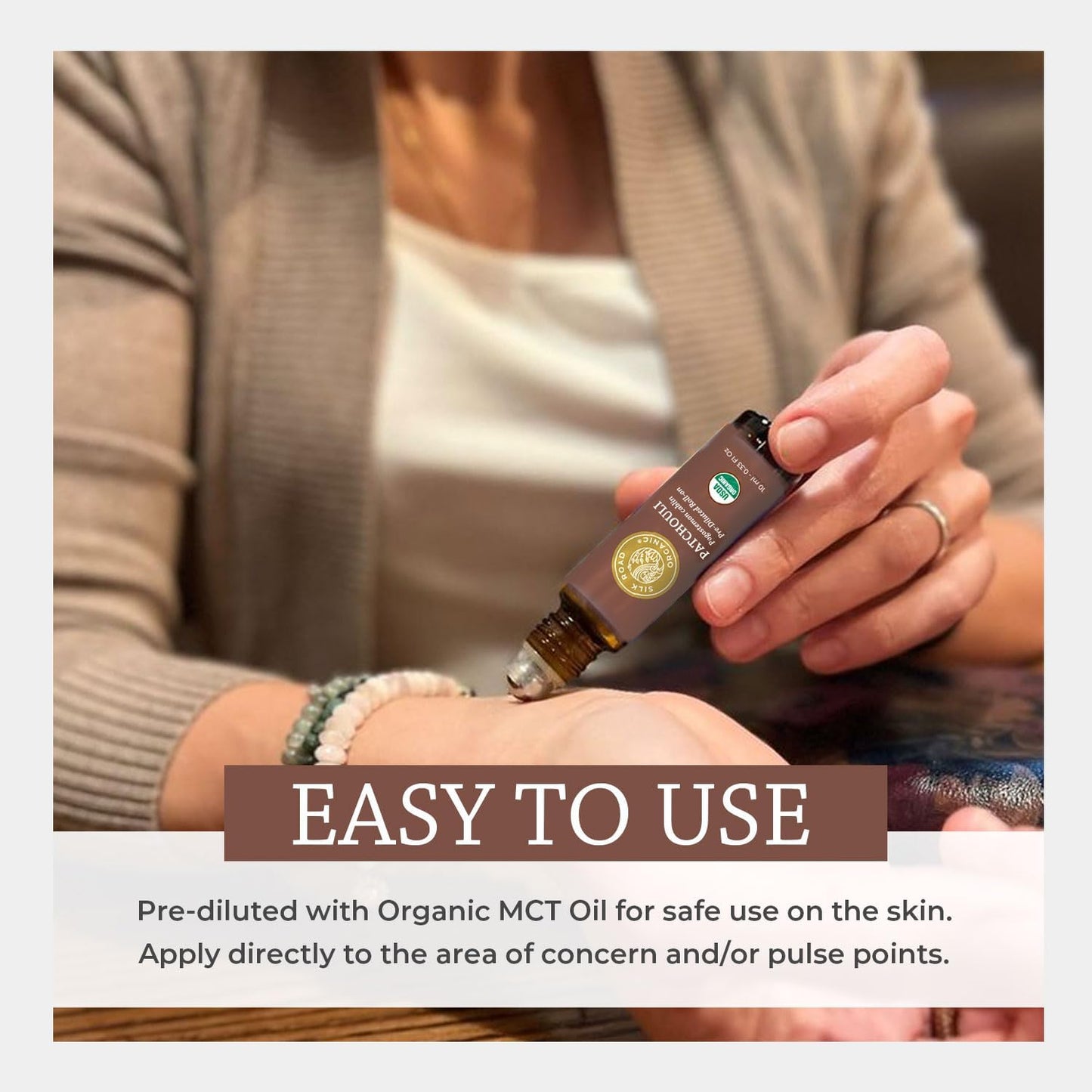 Silk Road Organic Patchouli Essential Oil Roll On, 100% Pure USDA Certified Aromatherapy - Uplift Mood, Enhance Attraction, Rejuvenate & Nourish Skin - 10 ml Roller