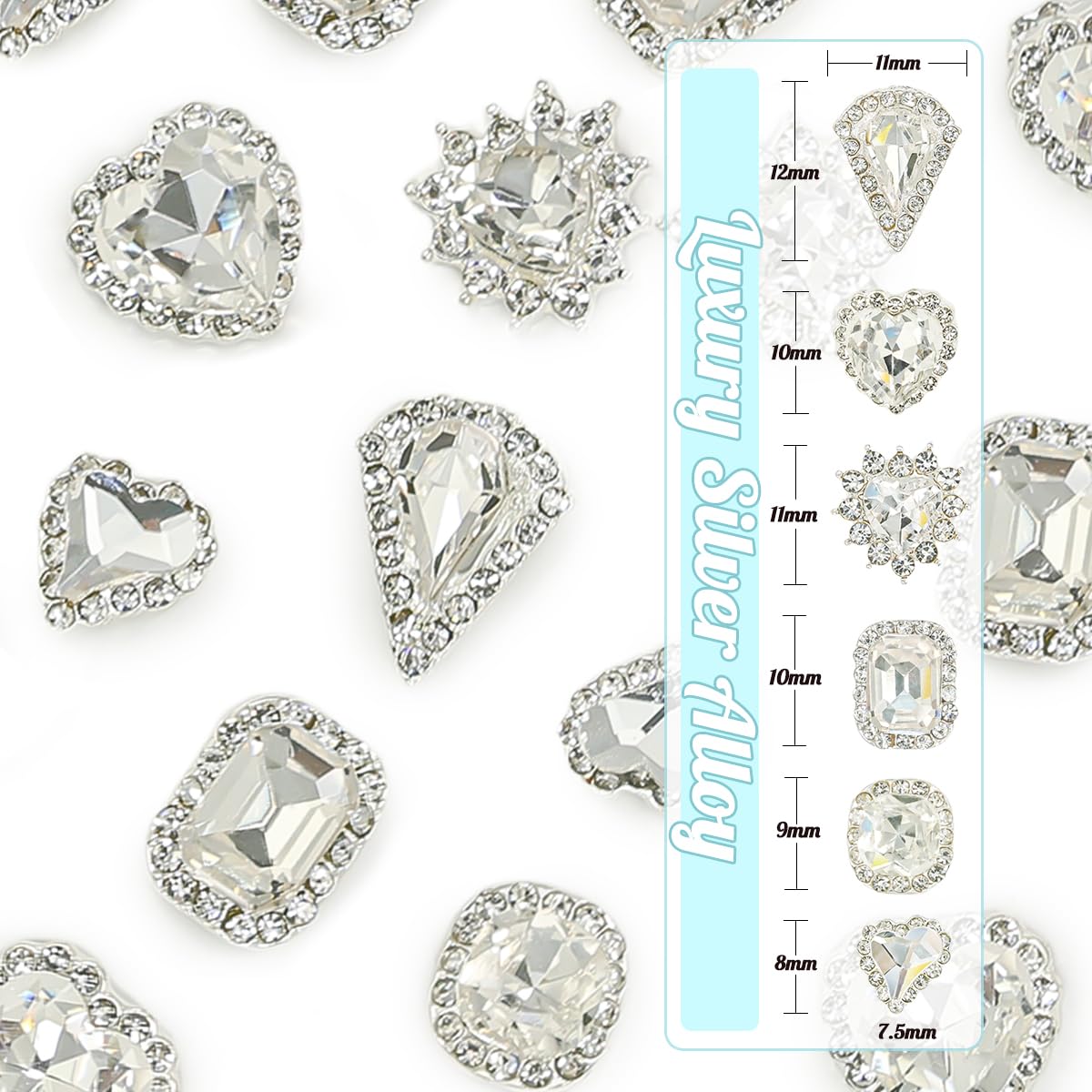 24Pcs 3D Alloy Silver Clear Nail Art Rhinestones Luxury Charms for Nails- 3D Alloy Heart Nail Charms, Elegant Silver Nail Crystal Diamonds Stones Studs for Acrylic Nails DIY Crafts Jewelry