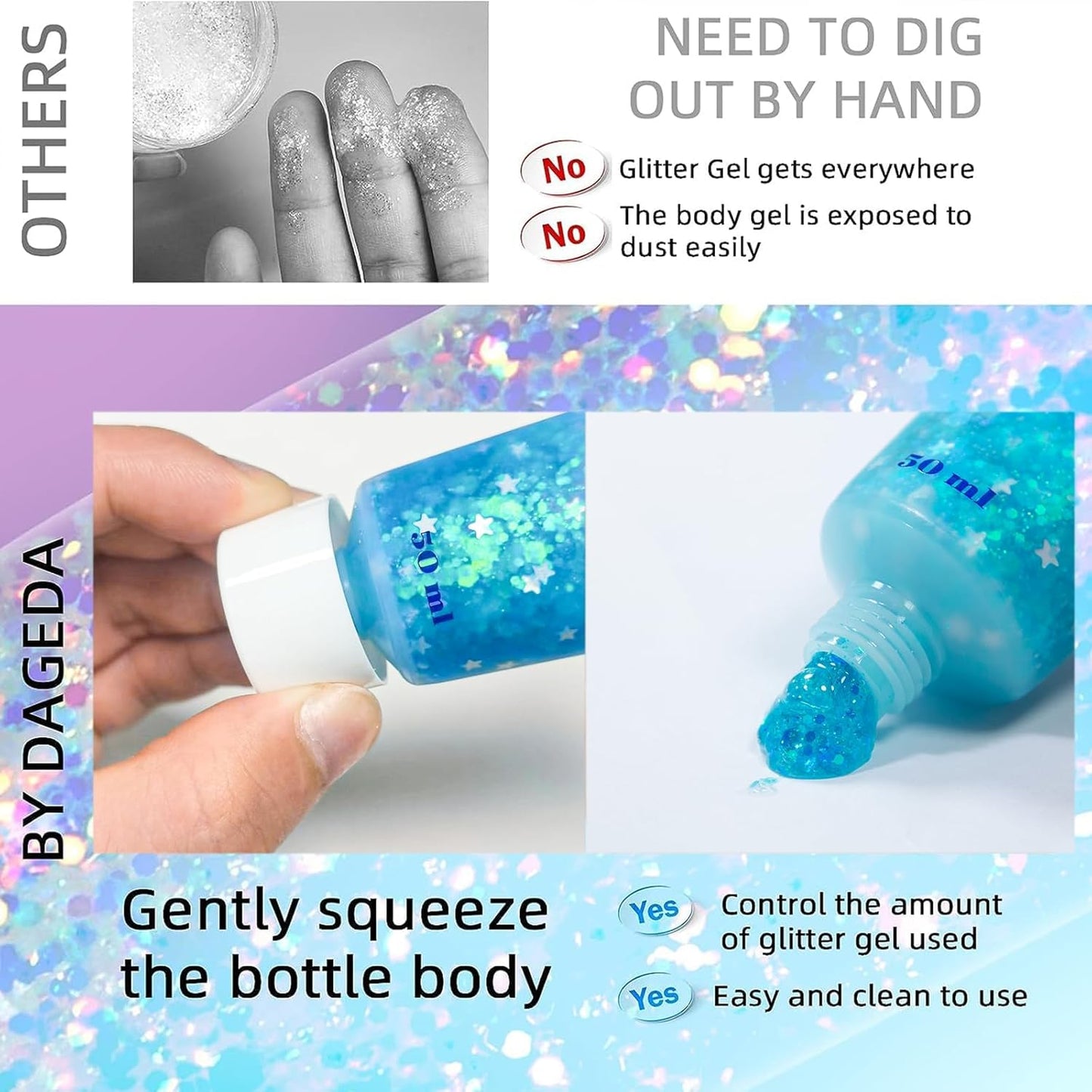 DAGEDA Body Glitter Gel, Face Glitters Body Gel Sequins Shimmer Liquid Eyeshadow, Chunky Glitter for Face Hair Nails, Holographic Cosmetic Laser Powder Festival Glitter Makeup 1.7oz (Lake Blue)