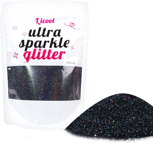 Holographic Extra Fine Craft Glitter Powder, 100g Iridescent Sequins, Loose Glitter for Face, Body, Hair, Eye & Nails (Laser Black)