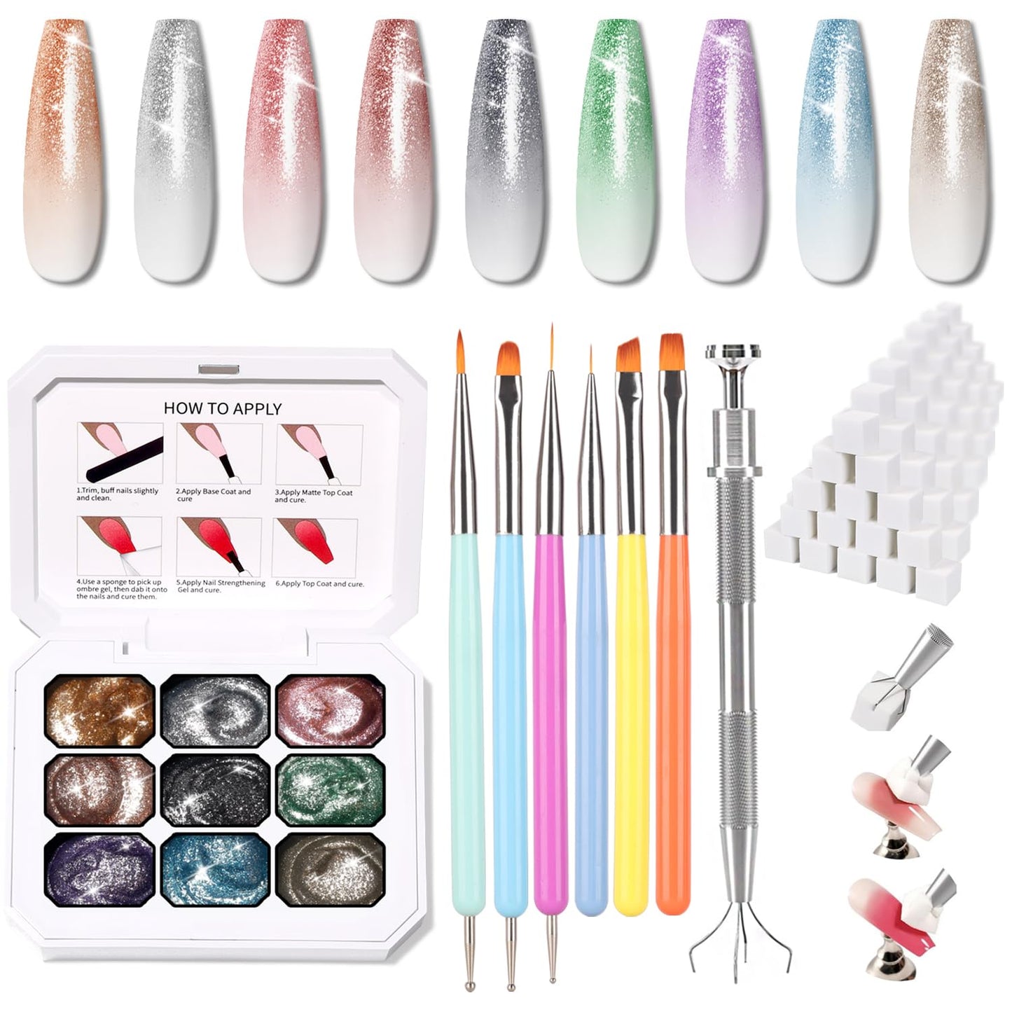 Sponge Pat Paint Nail Gel & Tools Kit, 9 Colors Ombre Nails Gradient Gel Nail Blush Blooming Aura Nails Drawing Stripper Floral Painting Nail Art, No Wipe, UV/LED Curing (9 Colors Set J)