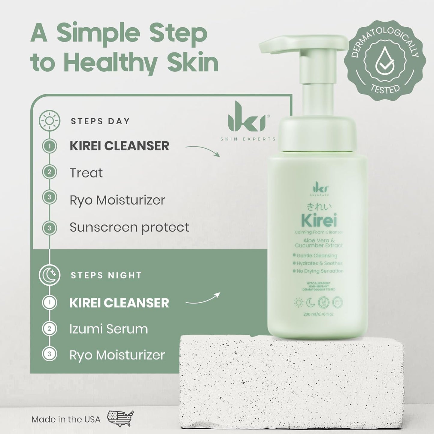 KIREI Foam Cleanser - Gentle Face Wash for Women with Aloe Vera & Cucumber Extract, Hydrating & Soothing, Dermatologically Tested, Suitable for Sensitive Skin, Paraben-Free