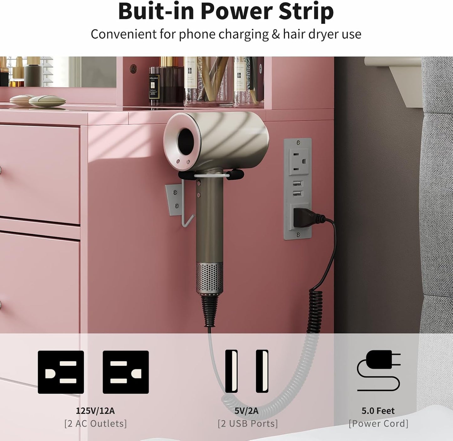 Vanity with Mirror and LED Lights,Vanity Desk with Power Outlet, Makeup Vanity with Drawers and 2 Cabinets, Fold-up Panel, Glass Top Vanity Table with Chair for Bedroom (10 Drawers, Pink)