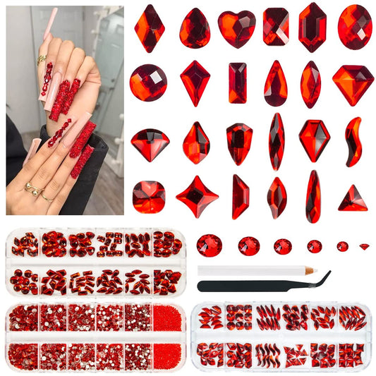 3 Boxes Siam Red Nail Rhinestones 240 Multi-Shapes Flatback Ruby Red Big Gems K9 Glass Round Stones Diamonds Jewels Crystals Nail Art Charms for Nails Face Eyes Makeup Crafts Tumblers Clothes