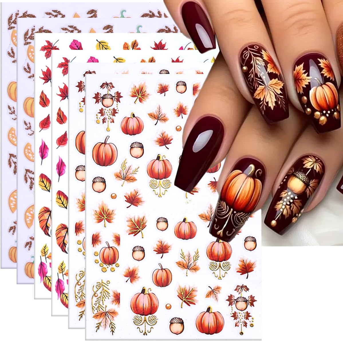 6PCS Fall Nail Art Sticker Autumn Leaves Pumpkin Nail Decals 3D Self-Adhesive Thanksgiving Gold Yellow Maple Leaf Nail Design Nail Art Supplies for Women Holiday DIY Manicure Decoration Accessories