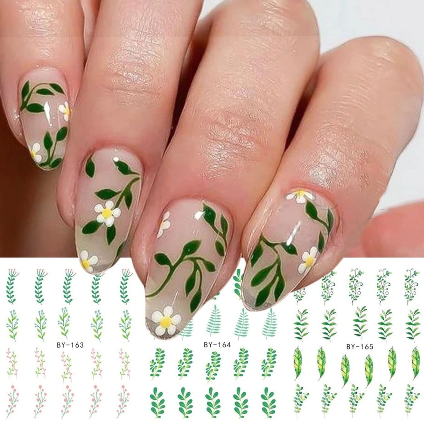 Summer Nail Art Sticker Water Transfer Decal Green Blue Floral Flower Design for Acrylic Nails - Manicure Supplies 12 Sheets (Green)