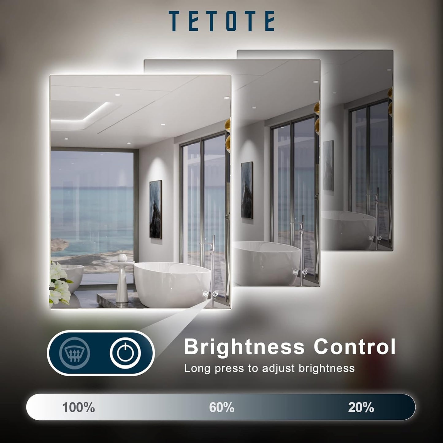 TETOTE 24 x 32 Inch LED Backlit Bathroom Vanity Mirror,Anti-Fog,Dimmable,CRI90+,Touch Button,Water Proof,Horizontal/Vertical Wall Mounted with Light