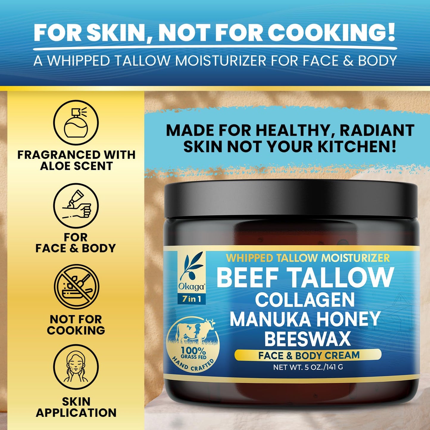Organic Beef Tallow for Skin, Organic Grass-Fed Beef Tallow Balm with Manuka Honey, Aloe Vera, Jojoba Oil, Collagen & Beeswax, Olive Oil, Moisturizer for Dry Skin, Nourishes Face, Body & Lips (2 Pack)