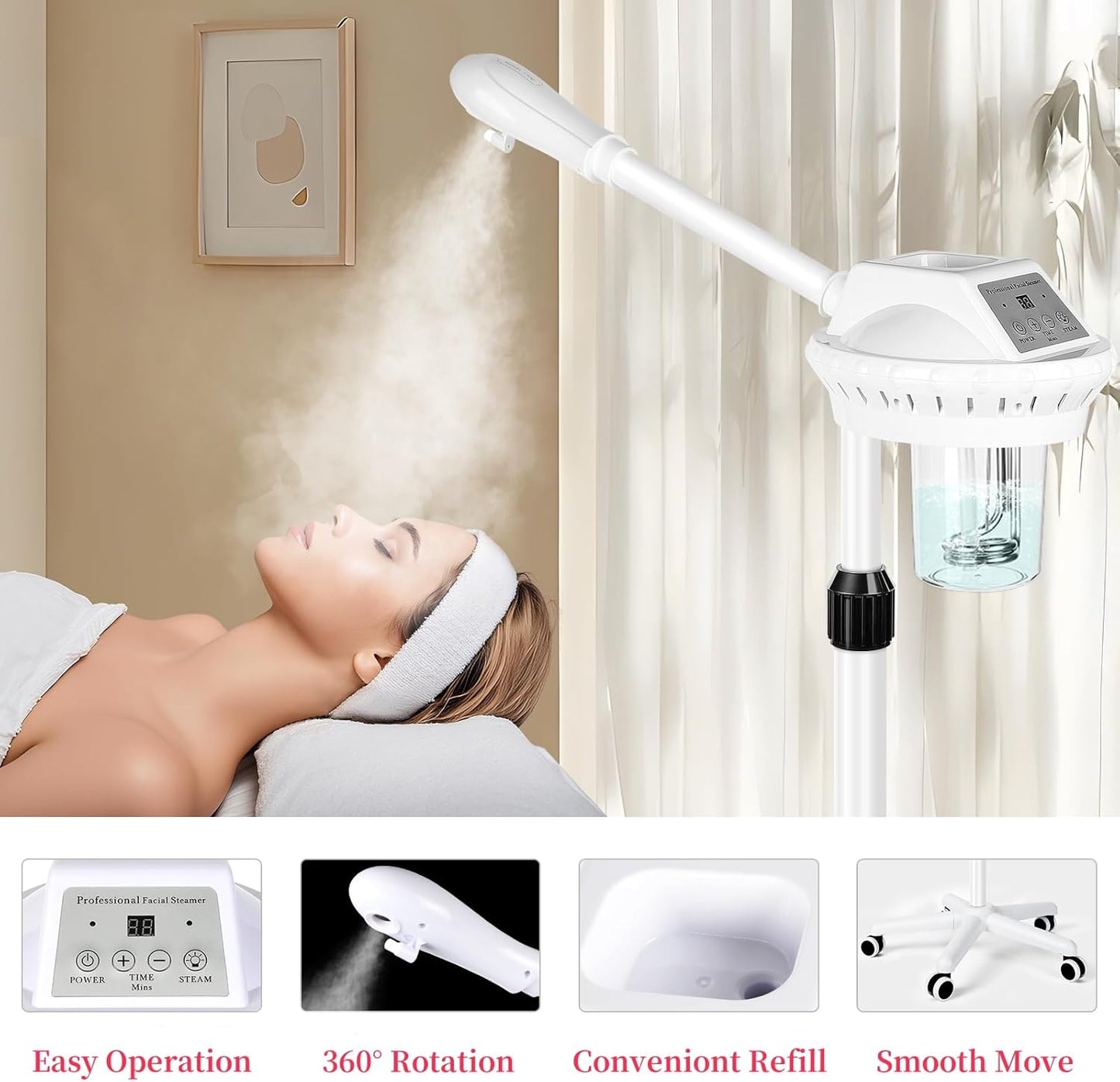Professional Facial Steamer, Esthetician Steamer on Wheels, Stand Face Steamer for Facial Deep Cleaning and Hydration, Steamer for Facial for Personal Care or Beauty Spa or Salon, White