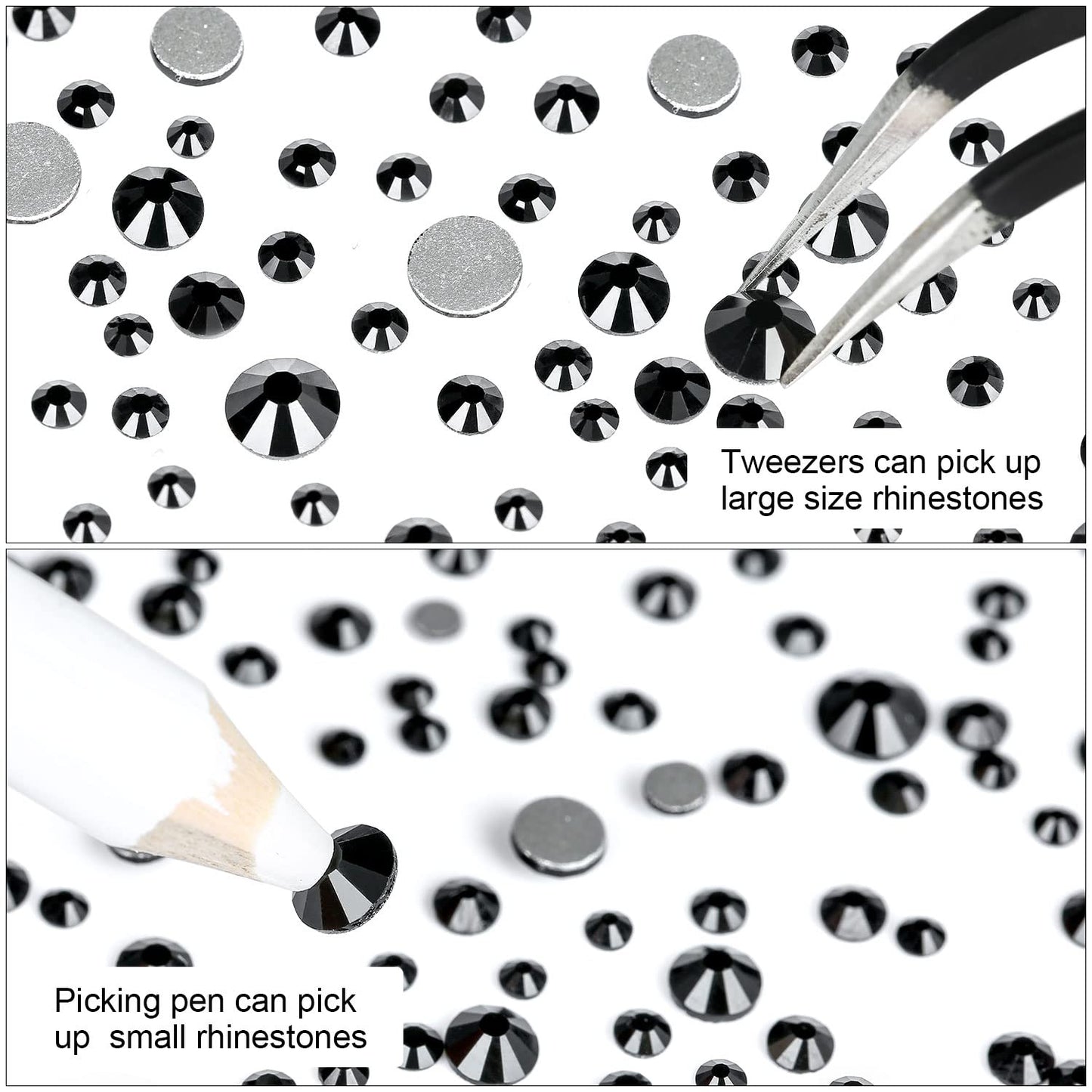 4240Pcs Flatback Black Rhinestones Glass Crystal Gemstones for Nail Art Eye Jewels Makeup Round with Tweezers and Picking Pen (SS6~SS20 Set)