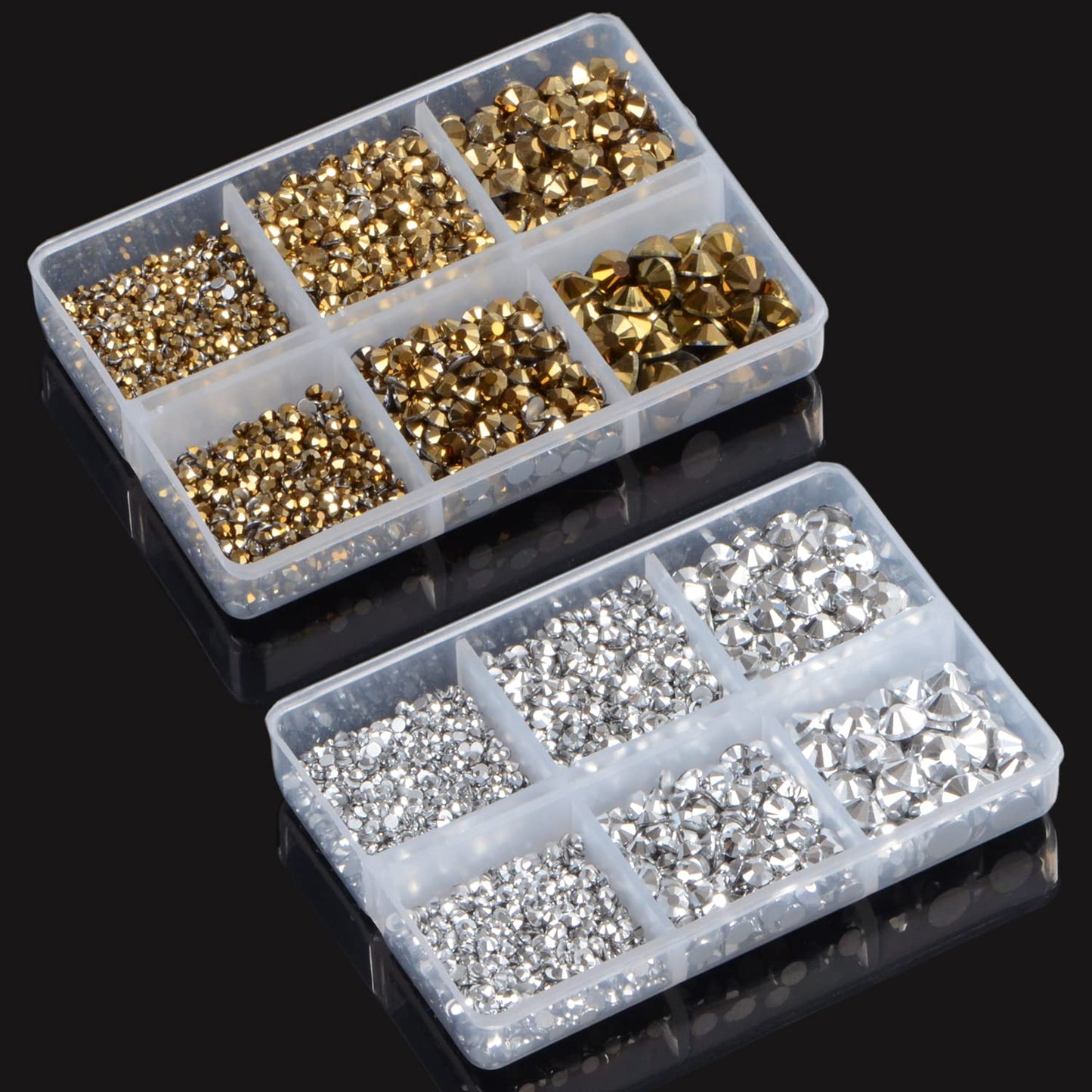 LPBeads 6000 Pieces Metallic Gold and Metallic Silver Non Hotfix Rhinestones 6 Sizes Round Crystal Glass Flat Back Rhinestones with Tweezers and Picking Pen for Nail Art Crafts Clothes Bags DIY