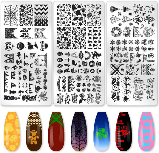 3Pcs Holiday Nail Stamping Plate Seasonal Nail Stamp Templates Nail Art Stamp Plates Easter St. Patrick's Day Christmas Halloween Image Plate Tools with Stamper Scraper for Manicure Printing