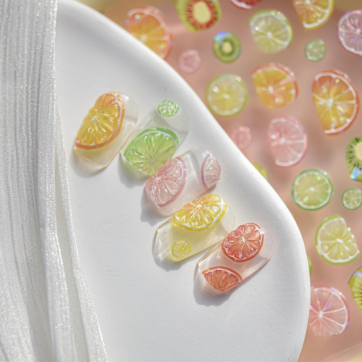 5D Embossed Colorful Fruit Nail Art Stickers Decals Summer Nail Stickers Self-Adhesive Orange Lemon Grapefruit Kiwifruit Exquisite Design Summer Nails Sticker Manicure Supplies for Women DIY Nails