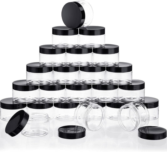 SATINIOR 24 Pieces Empty Clear Plastic Jars with Lids Round Storage Containers Wide-Mouth for Beauty Product Cosmetic Cream Lotion Liquid Butter Craft and Food (Black Lid, 5 oz)