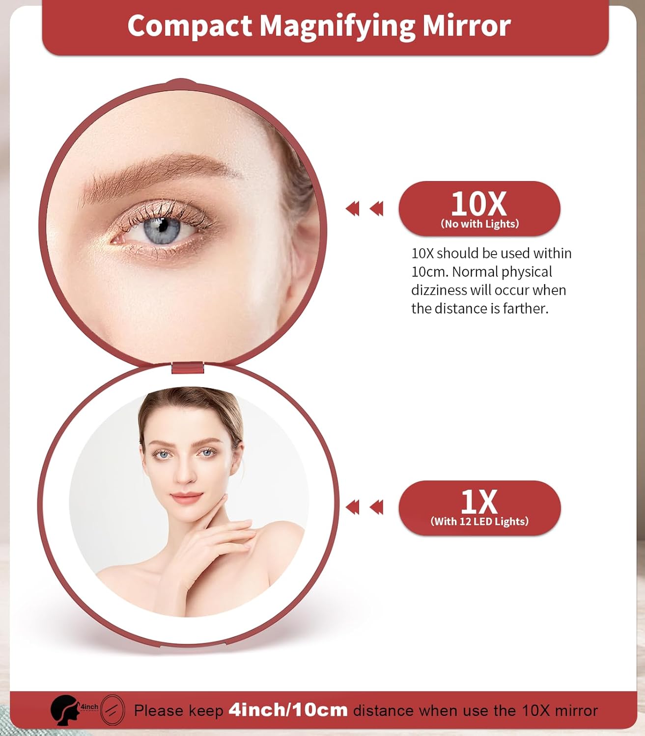 WOBSION Travel Compact Mirror,Portable 1x/10x LED Makeup Mirror with Magnification,Handheld 2-Sided Pocket Mirror, 3.5in Small Mirror for Purse,Handbag,Gift,Wine Red