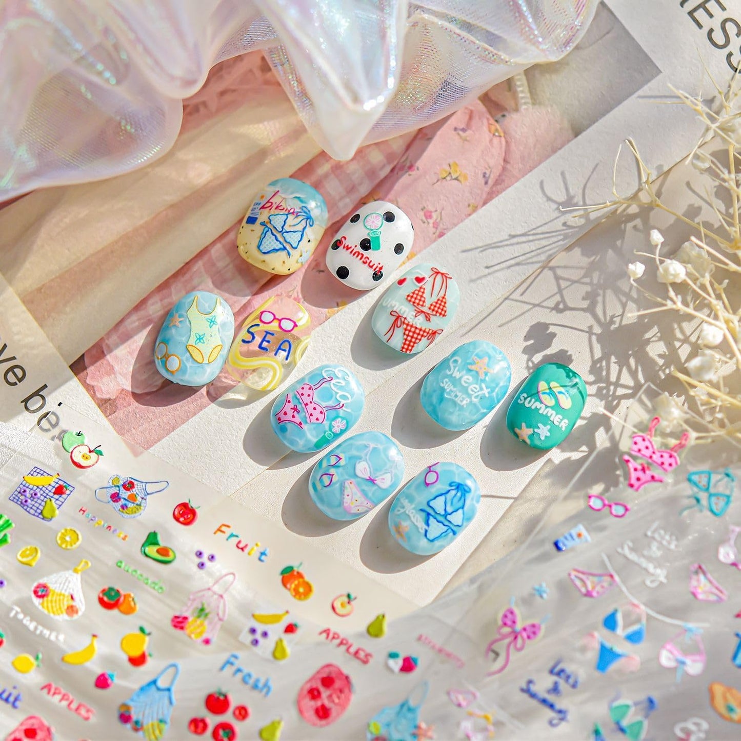 5D Embossed Fruit Nail Art Stickers Summer Beach Fruit Nail Decals Orange Lemon Kiwifruit Apple Banana Summer Nails Design Nail Stickers Cute Pineapple Nail Accessories for DIY Women Nail Decor 1Pcs