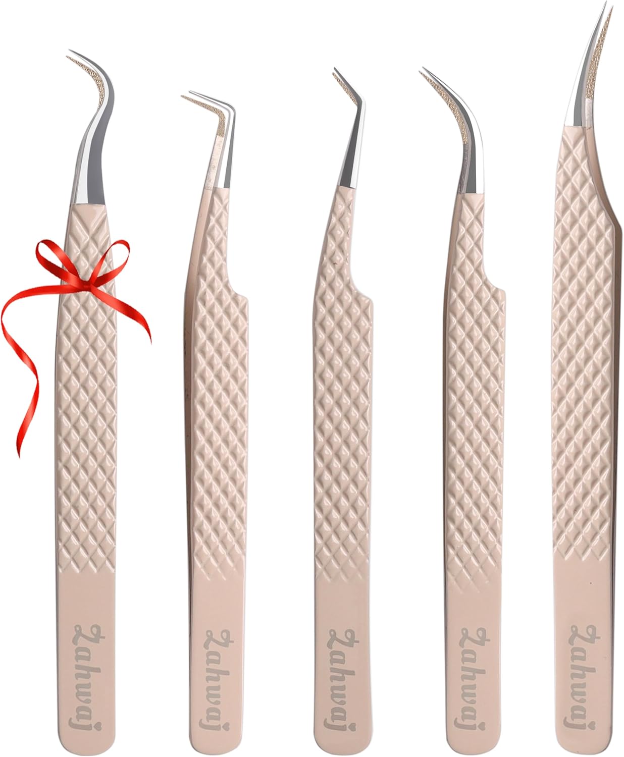 Lash Tweezers - Set of 5 Diamond Grip Eyelash Tweezers - Stainless Steel Professional Fiber Tip Lash Tweezer for Eyelash Extensions (Beige)