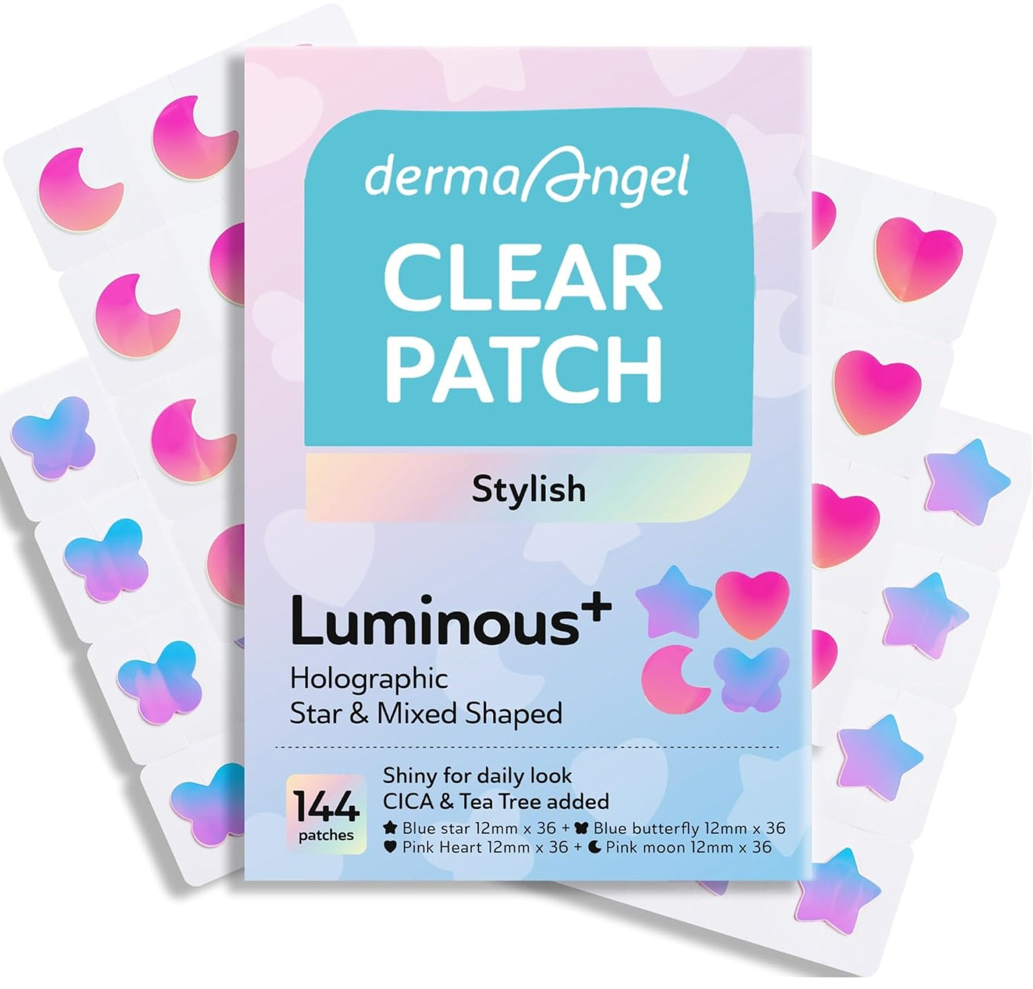 Star Pimple Patches for Face, Cute Acne Patches with Salicylic Acid, CICA & Tea Tree Oil, 144 Holographic Star Moon Heart Butterfly Patches, 7X Absorbency Pimple Patches for Teens (4 Designs, 36 Each)