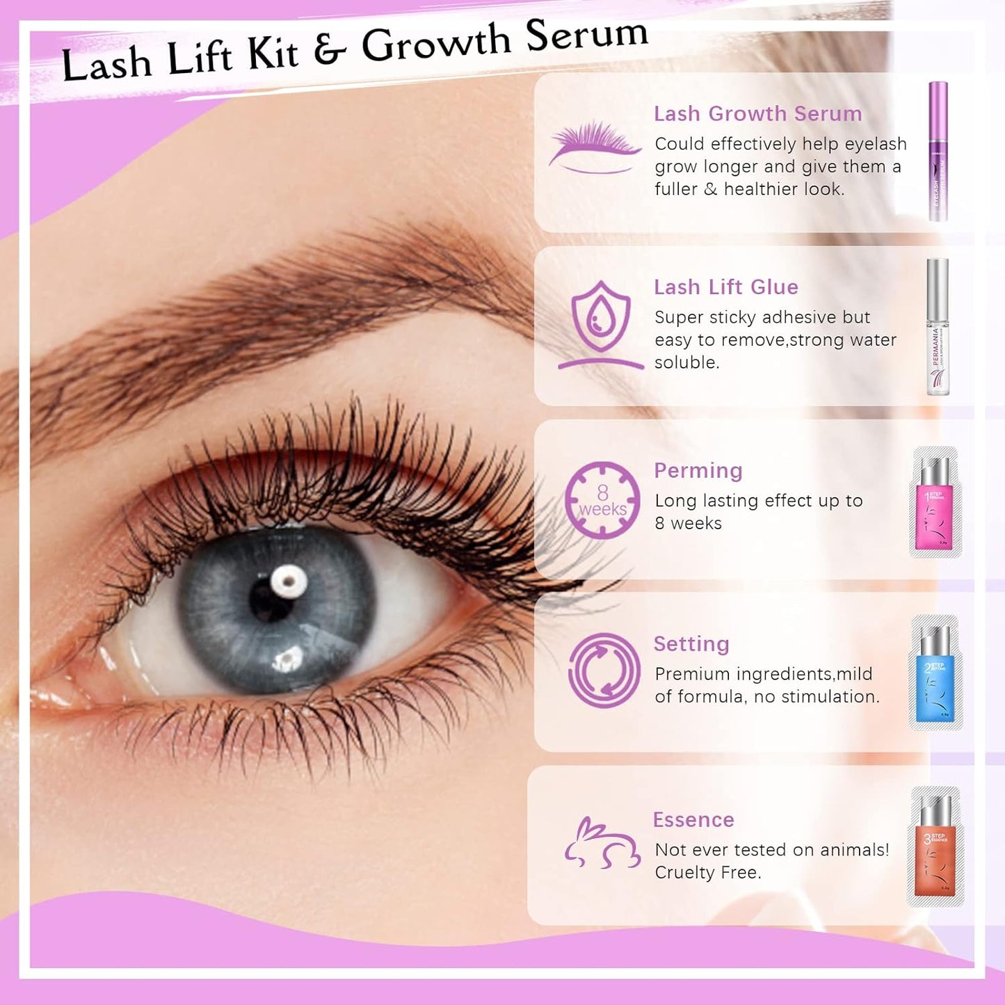 PERMANIA Lash Lift Kit, Eyelash Growth Serum, Advanced Formula for Longer, Fuller, and Thicker Lashes Salon Quality Eyelash Perm with Safe and Effective Result