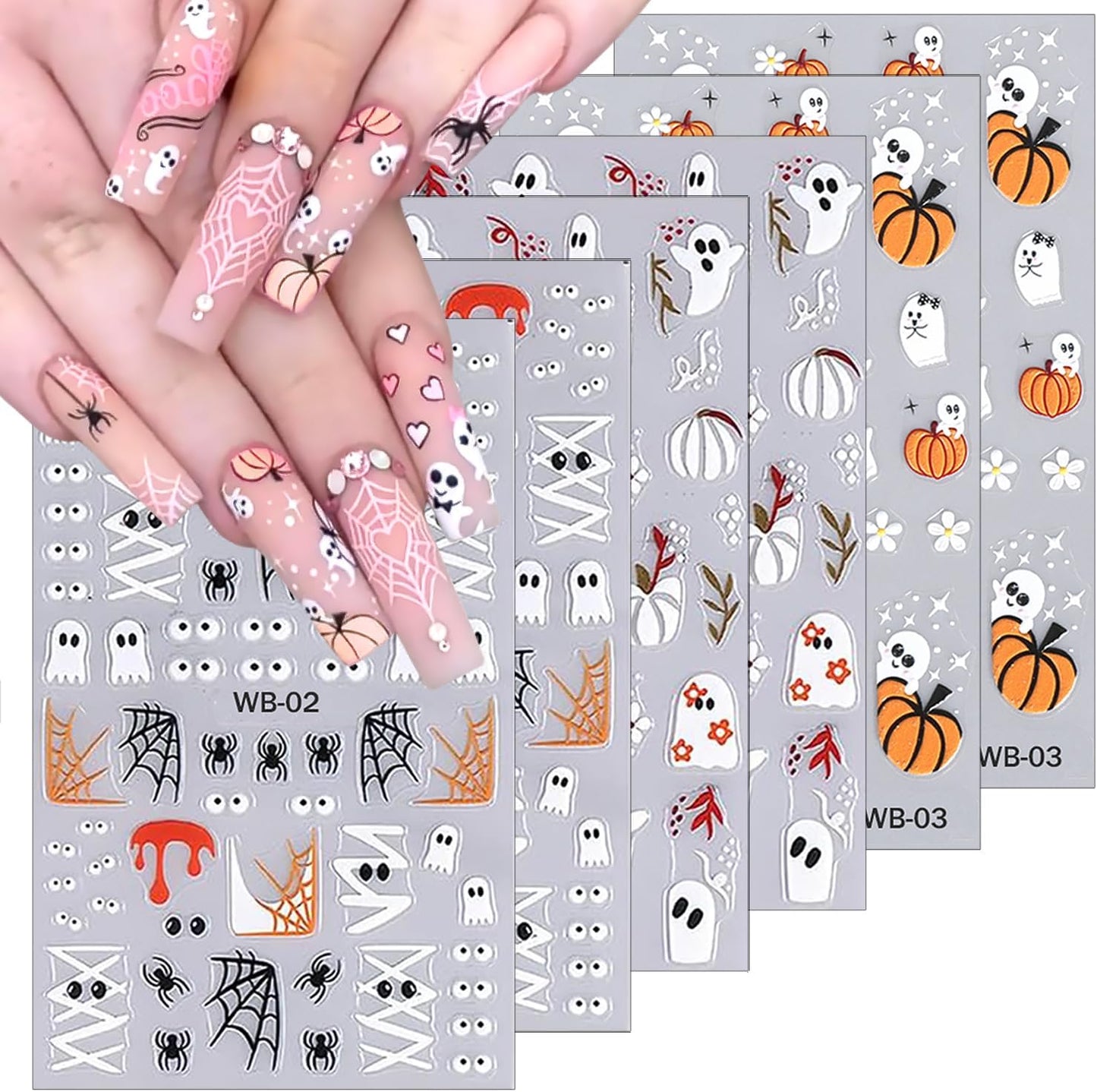 6 Sheets Halloween Cute Ghost Nail Stickers for Nail Art 3D Self-Adhesive Glitter Pumpkin Spider Web French Nail Art Decals Black White Halloween Starlight Nail Decals for Women DIY Manicure Art Kit