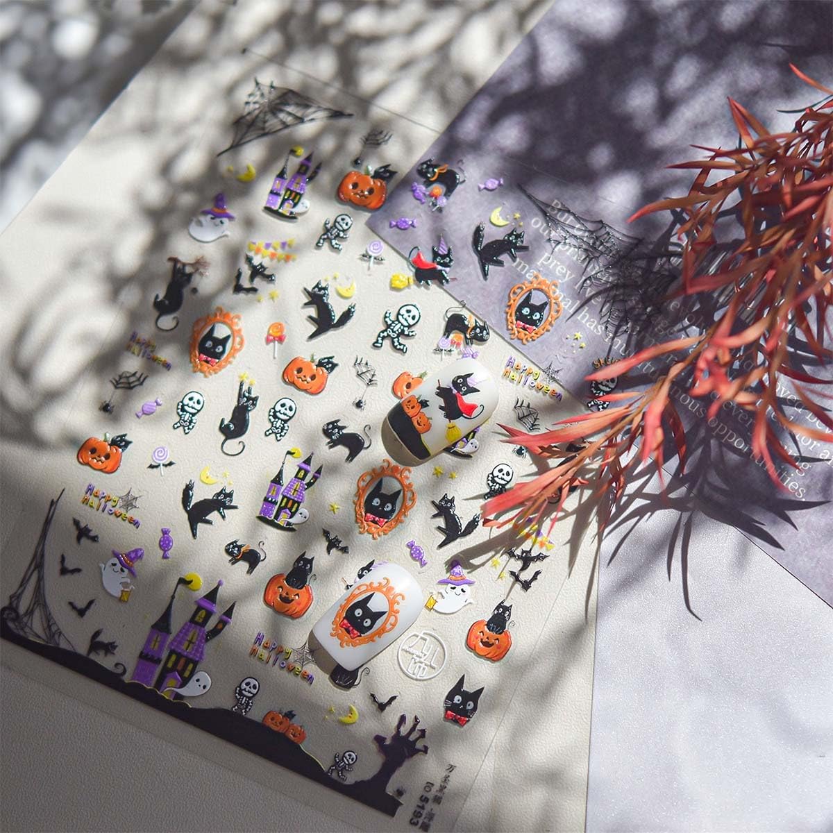 5D Embossed Halloween Nail Art Stickers Cute Nail Decals Cat Nail Stickers with Spider Wed Design 3D Self Adhesive Nails Supplies Accessories for Women Manicure Charms DIY Decoration 1sheet