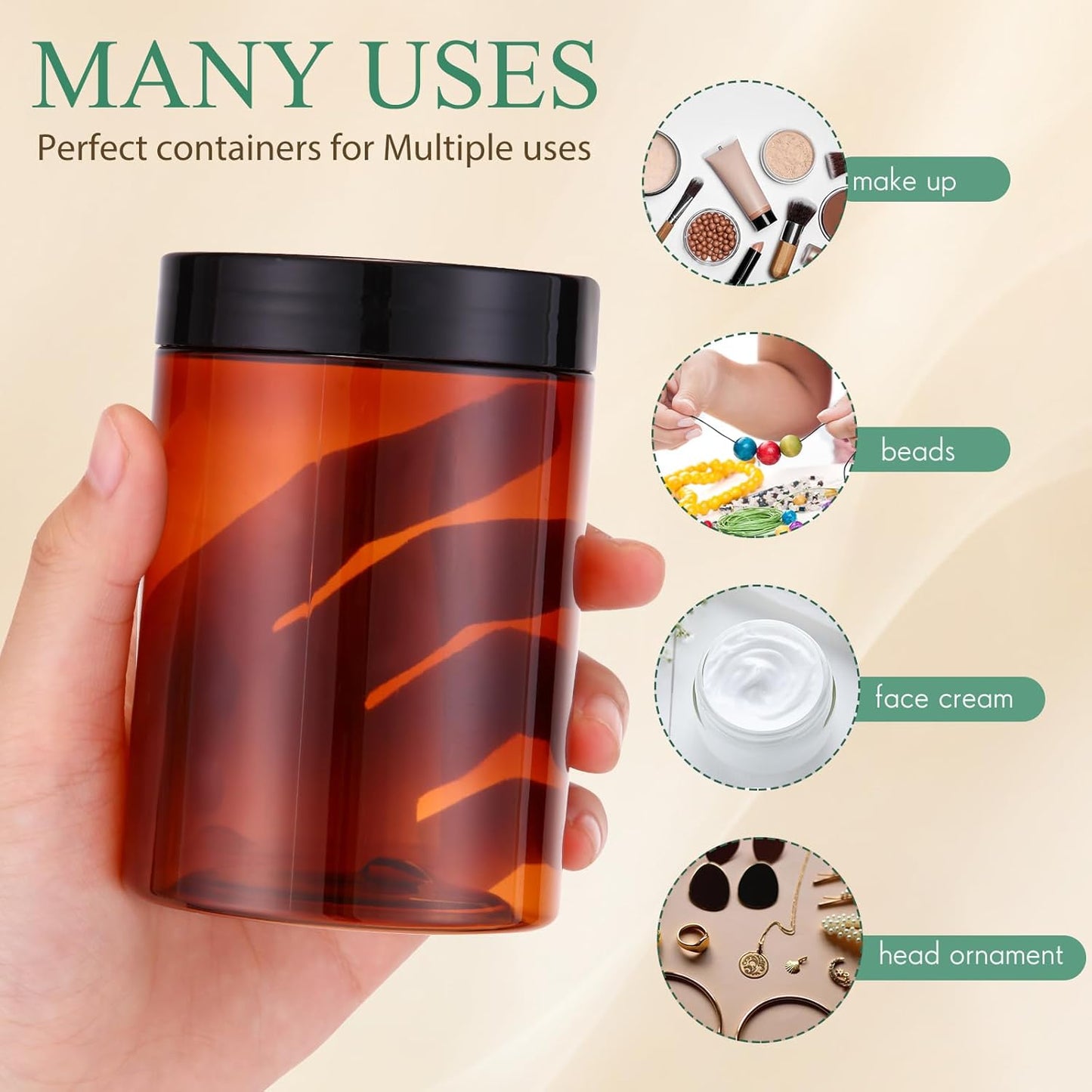 SATINIOR 24 Pieces Empty Clear Plastic Jars with Lids Round Storage Containers Wide Mouth for Beauty Product Cosmetic Cream Lotion Liquid Butter Craft and Food(Amber Lid,10 oz)