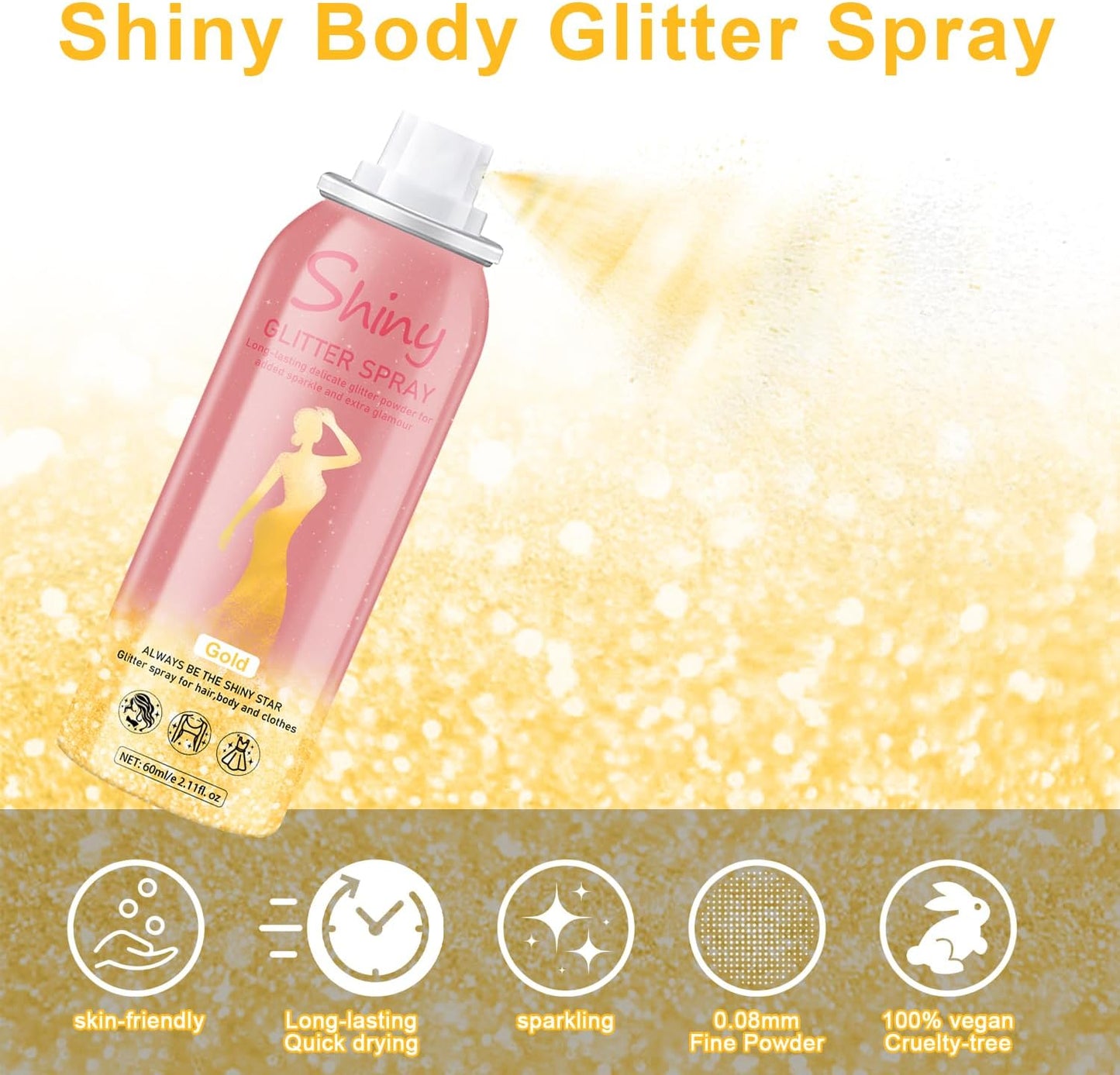 Hair and Body Glitter Spray, Holographic Glitter Highlighter Powder, Hairspray for Clothes, Face Body Shiny Glitter, Loose Shimmer Hairspray Festival Rave Prom Accessories, 2.11 Fl Oz(Gold)