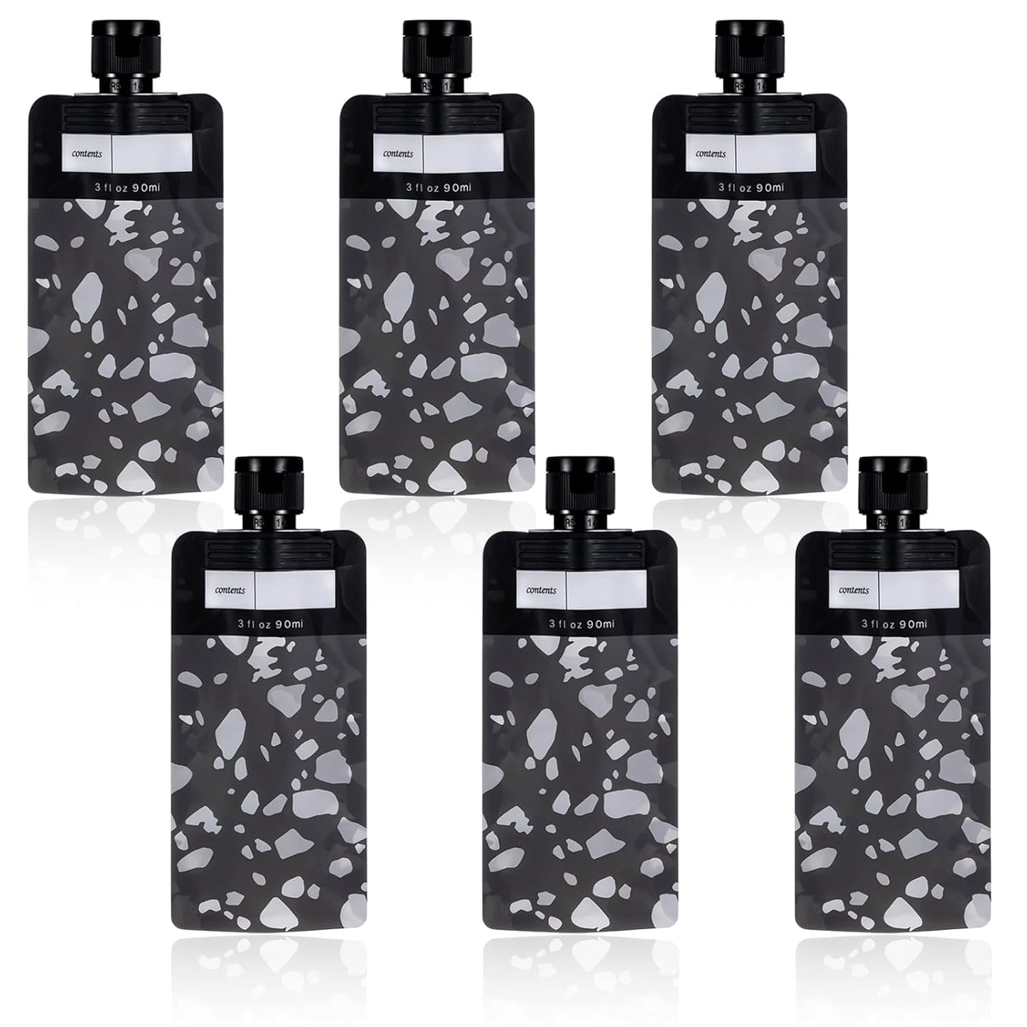 3 oz 6 PCS Refillable Size Containers Leak Proof Empty Squeeze Pouches Travel Shampoo Containers Pouches Travel Pouches for Toiletries for Shampoo Conditioner Face Cream Hand Soap（Black）