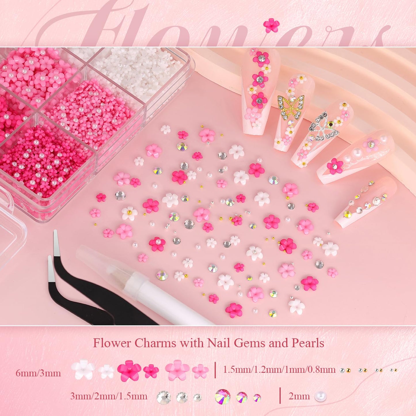 3D Nail Charms and Gems Set 3, 20PCS Gold and Silver Chunky Butterfly Nail Charms with Rhinestones, 3D Flowers for Nails, Crystal and Pearls + Metal Caviar Beads + Picker Tool for Y2K Nail Decoration