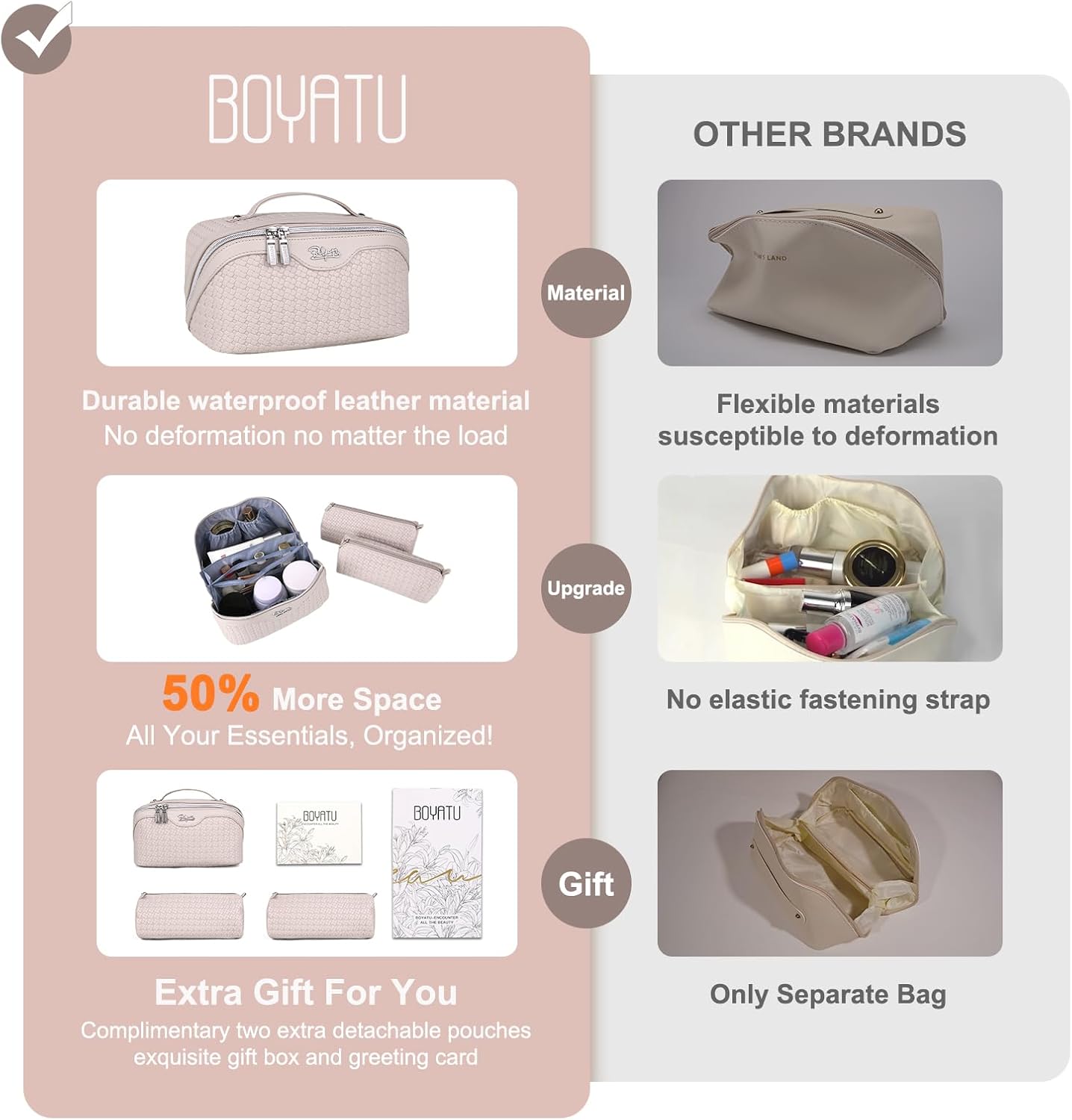 BOYATU Travel Makeup Bags for Women: Large Makeup Organizer - 3 Pcs Make up Bags Set - Vegan Leather Cosmetic Bag with Protable Handle & Divider (L18 Beige)
