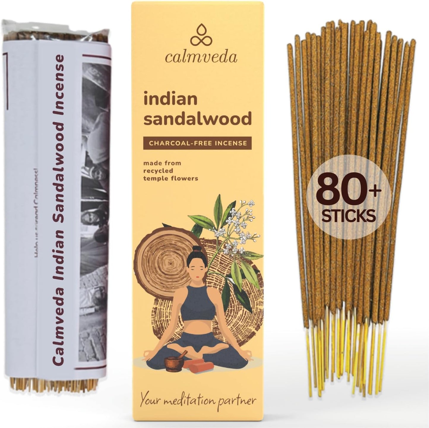 Indian Sandalwood Incense Sticks - 80 Sticks, Charcoal Free, Upcycled Flowers, All Natural, Non Toxic, Meditation & Stress Relief